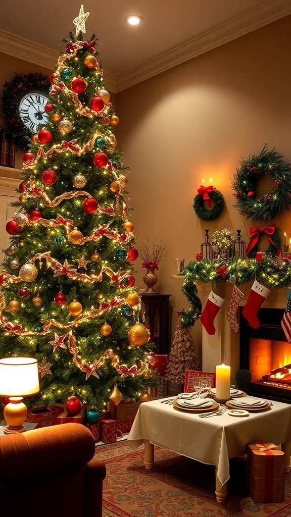 A festive living room decorated for Christmas with a tree, fireplace, and holiday table setting.
